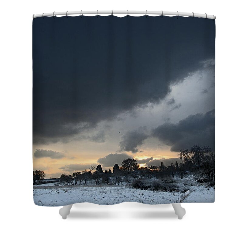 Landscape Shower Curtain featuring the digital art Snowy Dawn by David Davies