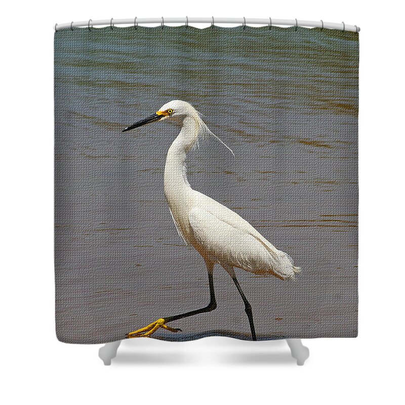 Snowy Egret Struts Carefully By Shower Curtain featuring the photograph Snowy Egret Struts Carefully By by Tom Janca