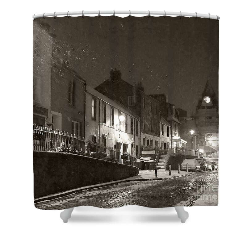 Snowing Shower Curtain featuring the photograph Snowy Night in Black and White by Elena Perelman