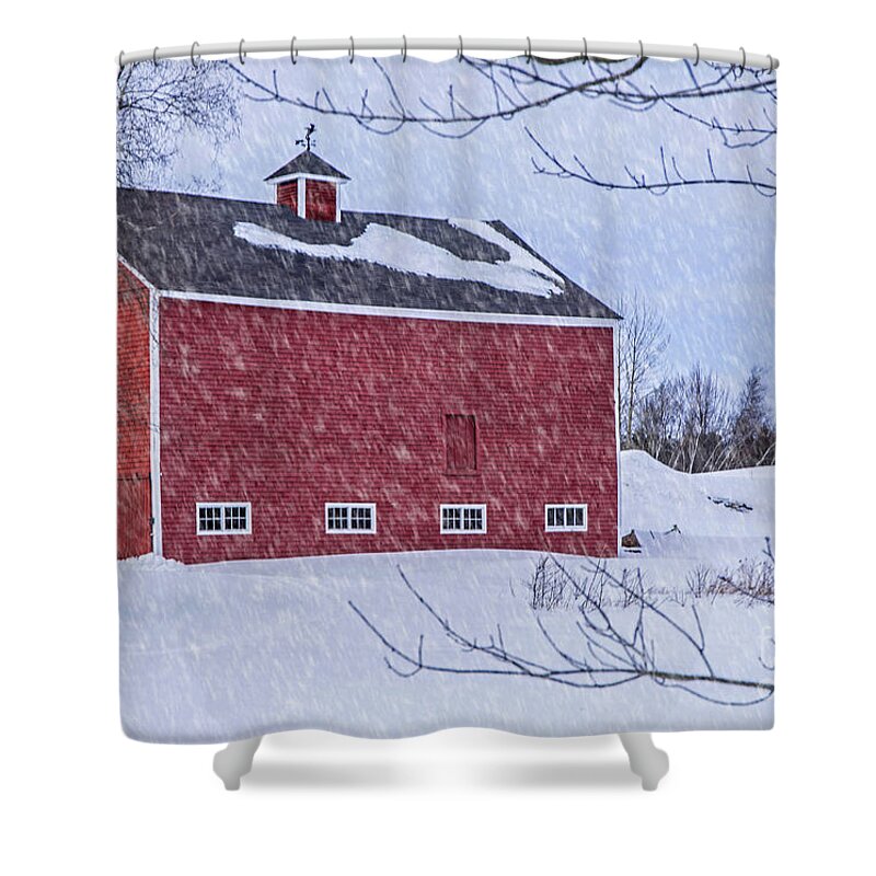 Maine Shower Curtain featuring the photograph Snowy Red Barn by Alana Ranney
