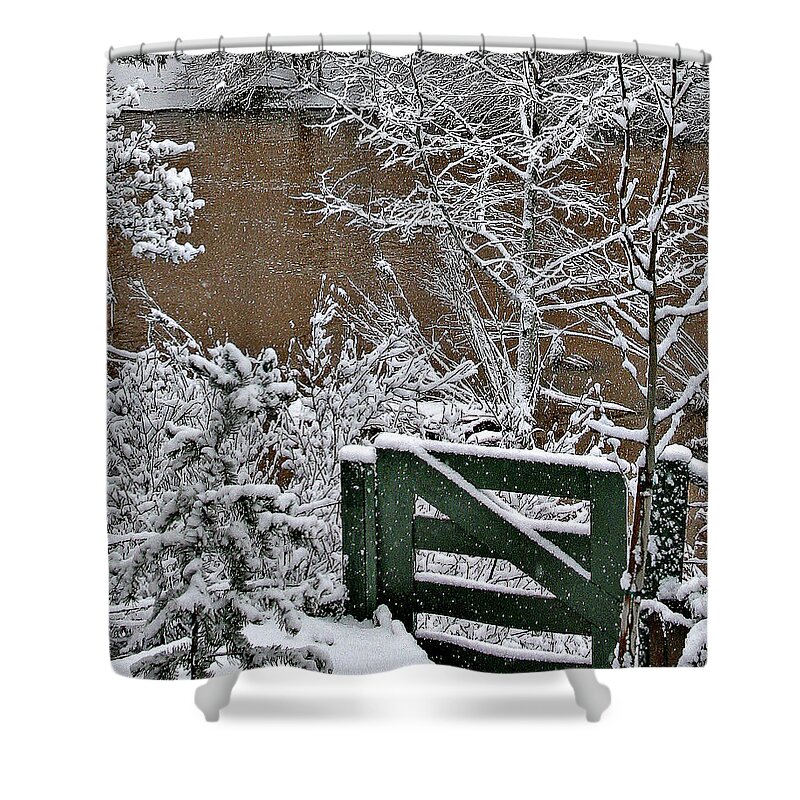  Shower Curtain featuring the photograph Snowy River Gate by Matalyn Gardner