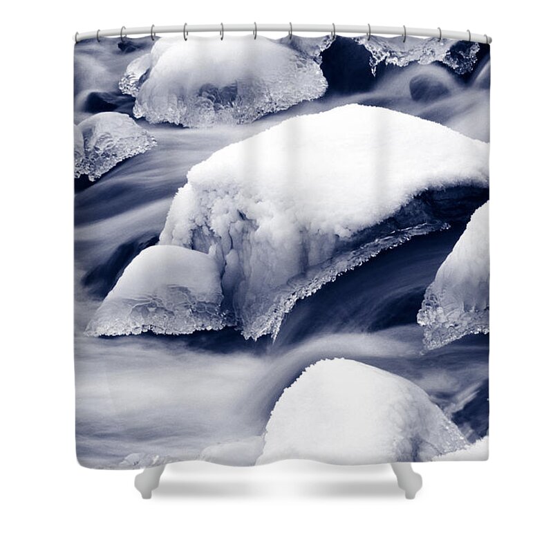 Winter Shower Curtain featuring the photograph Snowy rocks by Liz Leyden