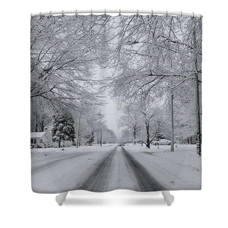 Snow Shower Curtain featuring the photograph Ohio Snow Ashtabula Harbor Street by Valerie Collins