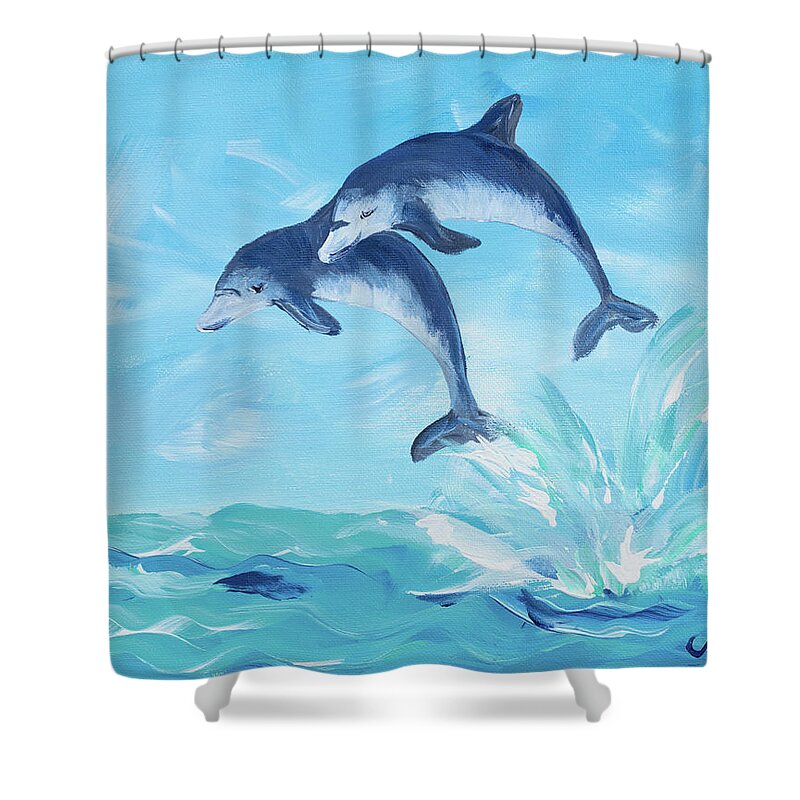 Soaring Shower Curtain featuring the digital art Soaring Dolphins I by Julie Derice