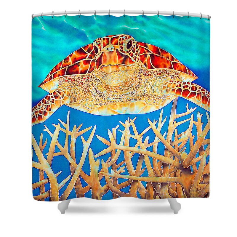 Sea Turtle Shower Curtain featuring the painting Sea Turtle Soaring over Staghorn by Daniel Jean-Baptiste