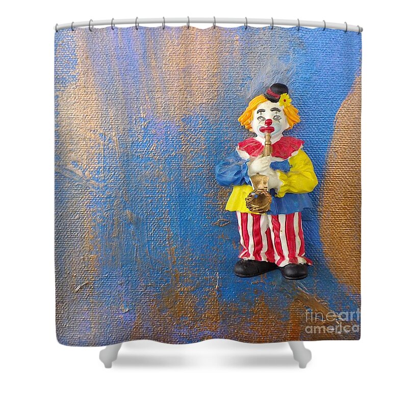 Clown Shower Curtain featuring the mixed media Solo Clown Musician by Margaret Harmon