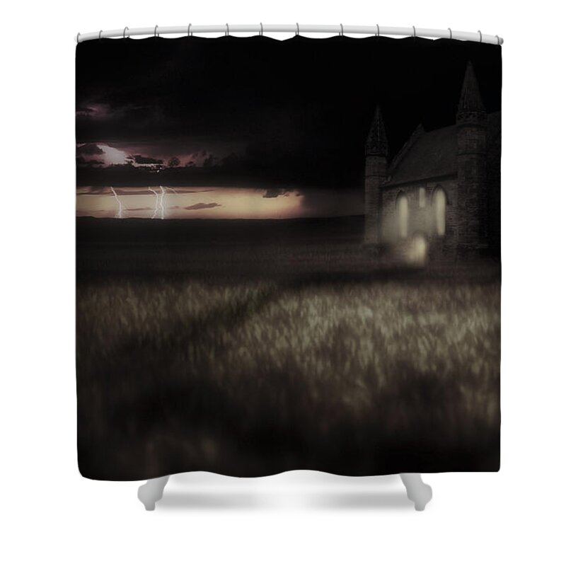 Church Shower Curtain featuring the photograph Something Wicked - Lightning - Chapel - Gothic by Jason Politte