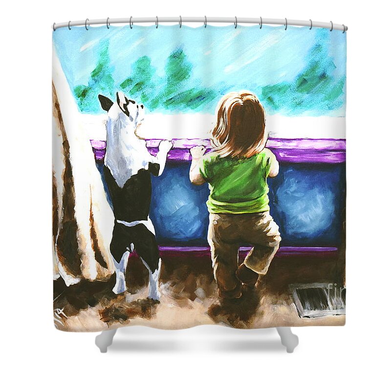 Child Shower Curtain featuring the painting Waiting For Daddy Dog Boston Terrier Child Home House Window Jackie Carpenter Pet Dogs Puppy by Jackie Carpenter