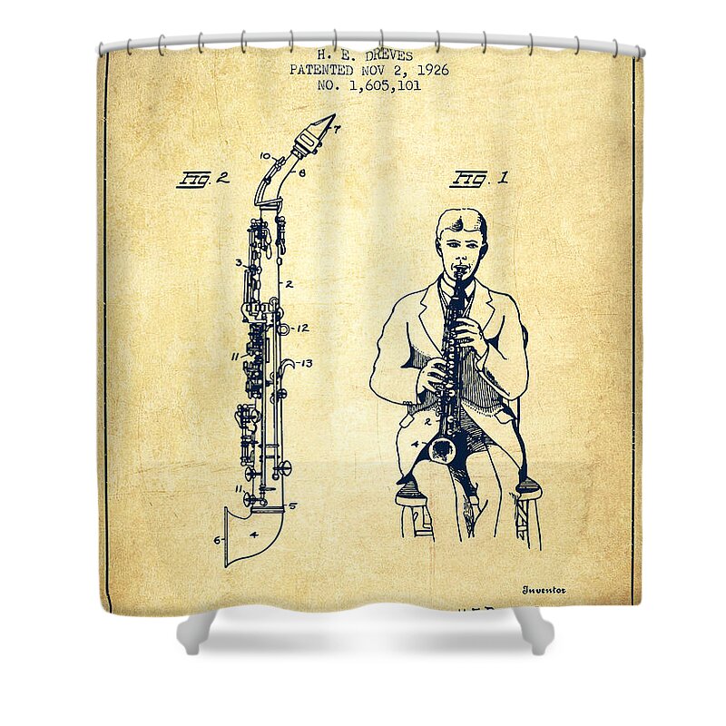 Saxophone Shower Curtain featuring the digital art Soprano Saxophone patent from 1926 - Vintage by Aged Pixel