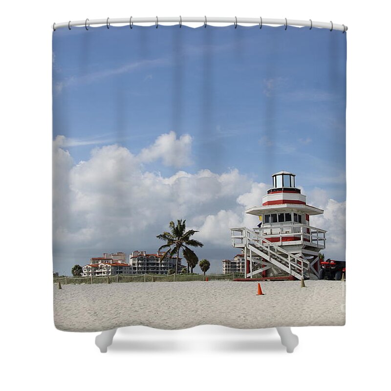 Ocean Rescue Shower Curtain featuring the photograph South Beach Miami Lifeguard Station by Christiane Schulze Art And Photography