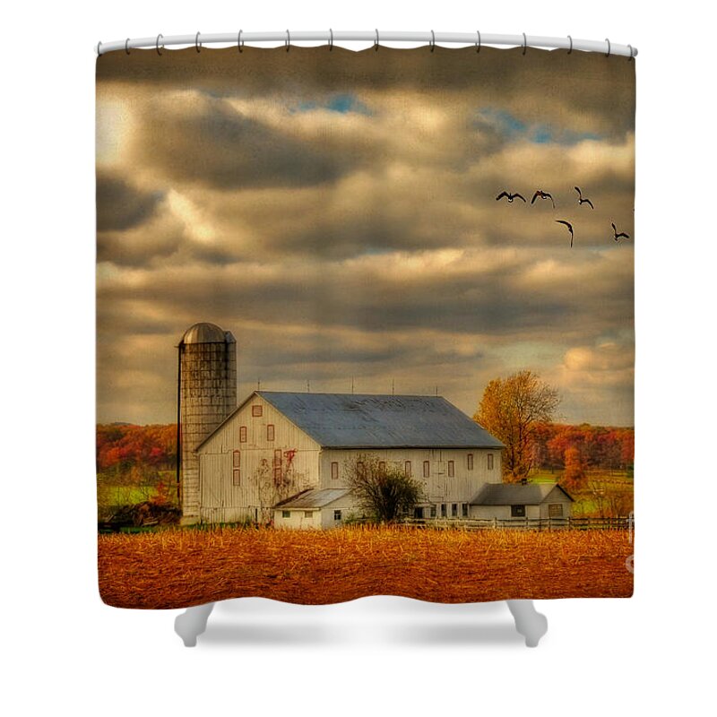 White Barn Shower Curtain featuring the photograph South For The Winter by Lois Bryan