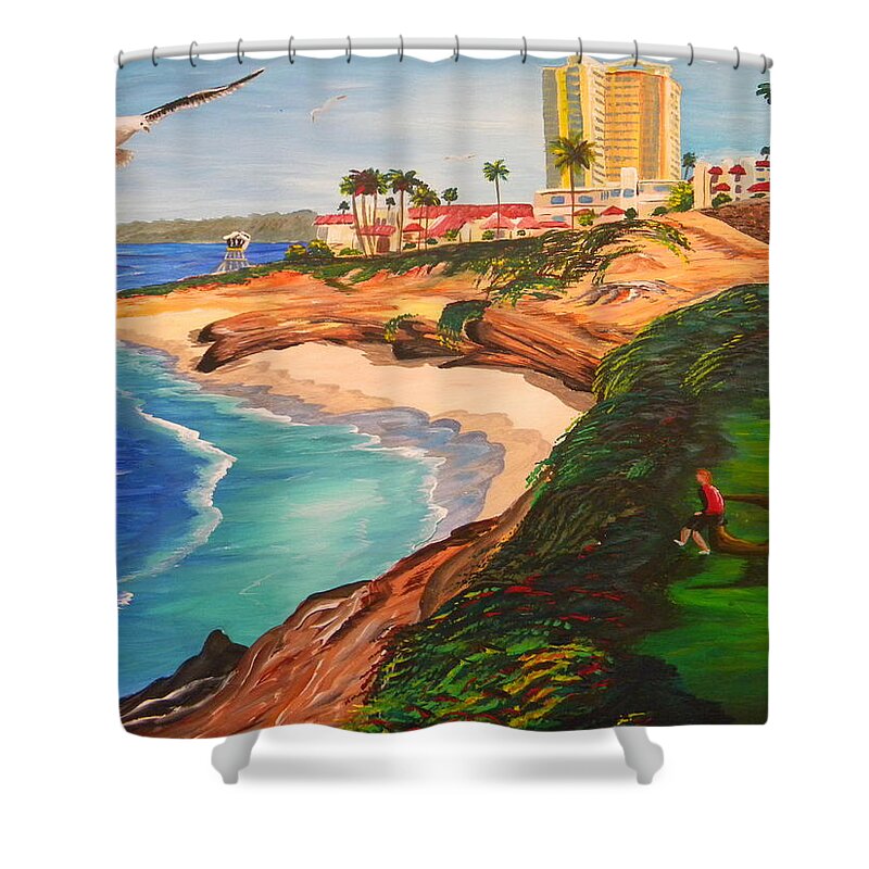 La Jolla Shower Curtain featuring the painting South La Jolla with Sea Gull by Eric Johansen