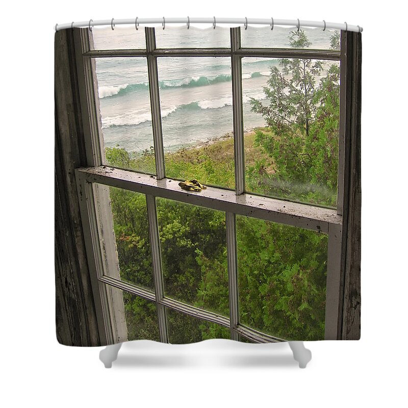 Landscapes Shower Curtain featuring the photograph South Manitou Island Lighthouse Window by Mary Lee Dereske