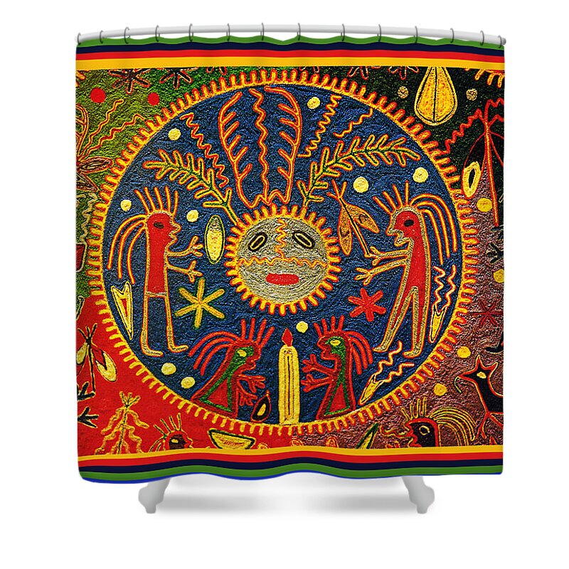 Huichol Shower Curtain featuring the digital art Southwest Huichol Del Sol by Vagabond Folk Art - Virginia Vivier