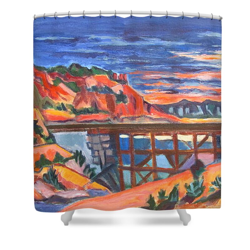 Southwest Shower Curtain featuring the painting Southwest Sunset and Rail Trestle in a Nod to Thomas Kinkade by Betty Pieper