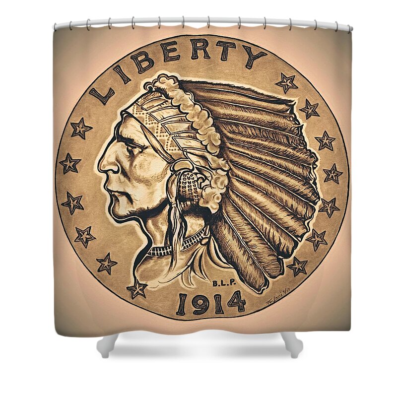 Indian Head Shower Curtain featuring the drawing Southwestern Gold Quarter Eagle by Fred Larucci