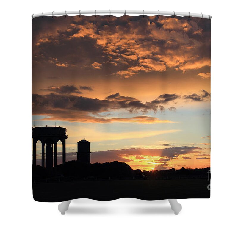 Southwold Common Sunset Dusk Uk England English British Britain Water Towers Landscape Landmark Icon Iconic Suffolk Scenic Cloud Formations Summer Calm Tranquil Shower Curtain featuring the photograph Water Towers on Southwold Common by Julia Gavin