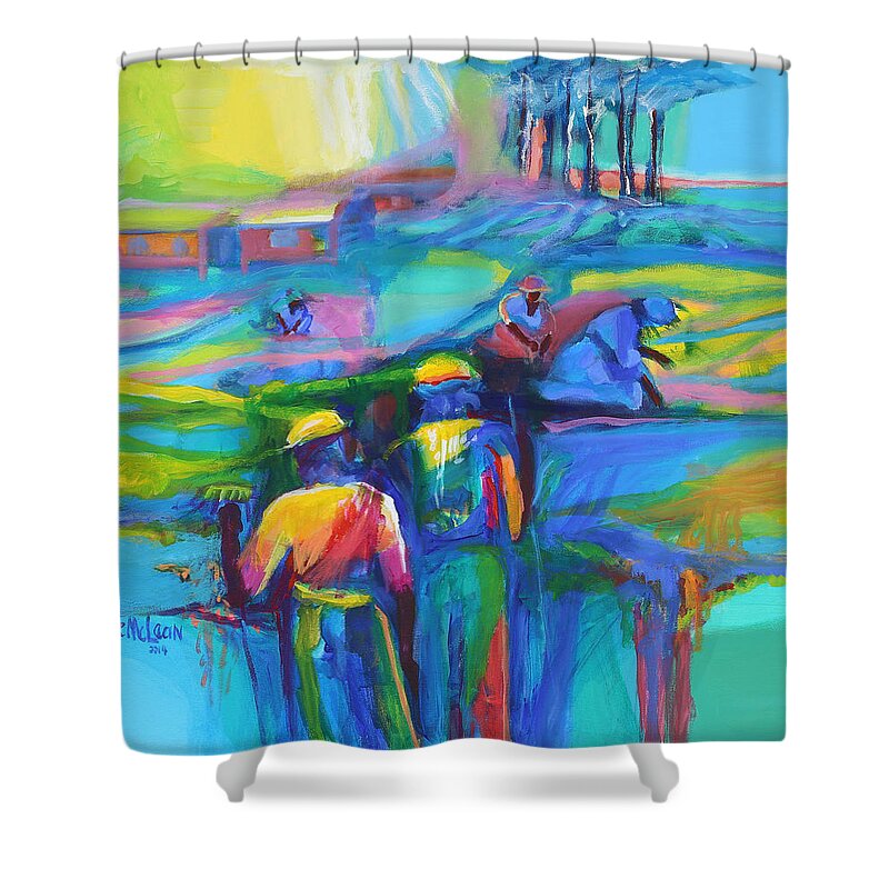 Abstract Shower Curtain featuring the painting Sowing the Seeds by Cynthia McLean