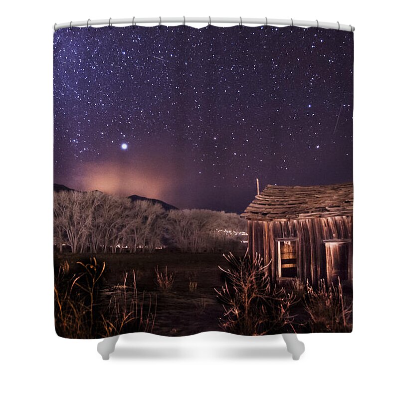 Night Stars Sky milky Way Architecture Building History Light California eastern Sierra sierra Nevada Scenic Landscape Nature Shower Curtain featuring the photograph Space and Time by Cat Connor