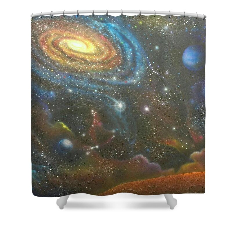 Space Shower Curtain featuring the painting Space Dolphins by Darren Robinson