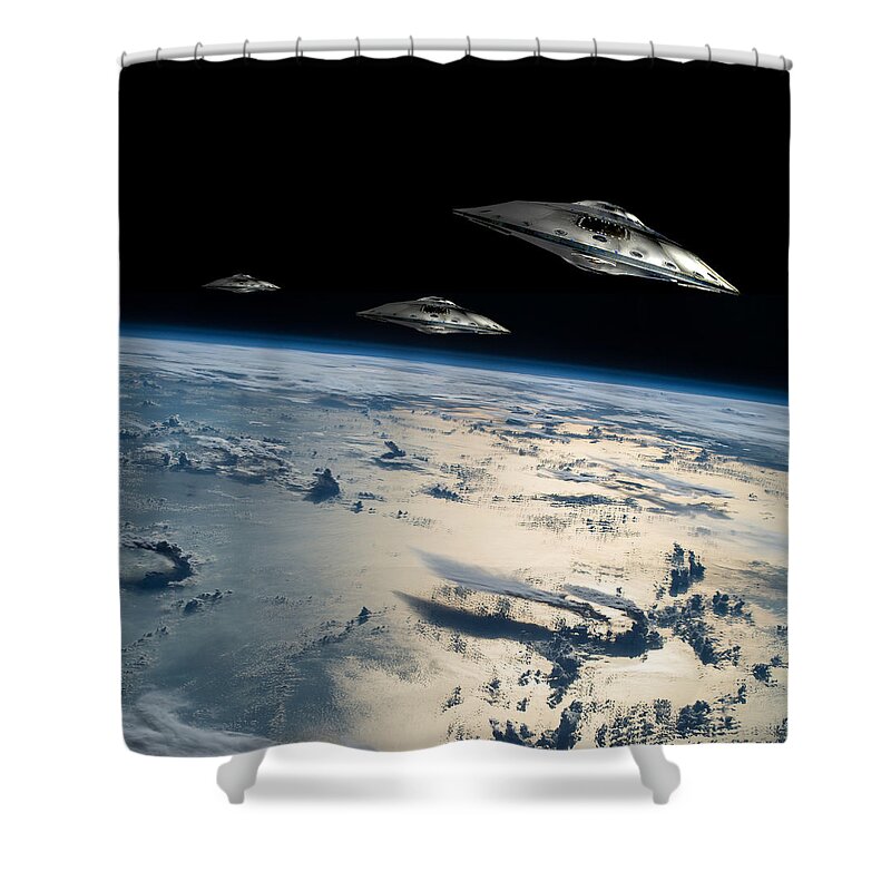 Area 51 Shower Curtain featuring the photograph Spaceships In Orbit Over Earth by Marc Ward