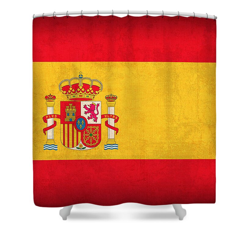 Spain Flag Vintage Distressed Finish Spanish Madrid Barcelona Europe Nation Country Shower Curtain featuring the mixed media Spain Flag Vintage Distressed Finish by Design Turnpike
