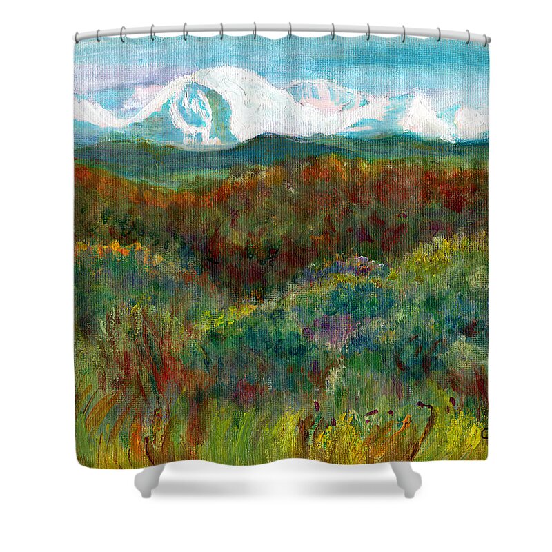 C Sitton Paintings Shower Curtain featuring the painting Spanish Peaks Evening by C Sitton