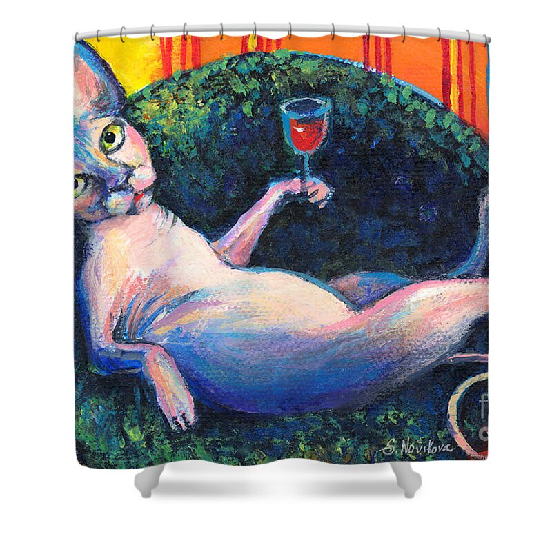 Sphynx Cat Shower Curtain featuring the painting Sphynx cat relaxing by Svetlana Novikova