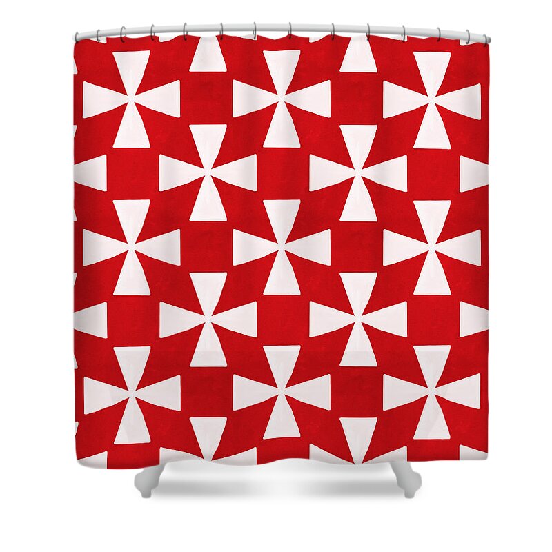 Red Shower Curtain featuring the painting Spice Twirl- Red and White Pattern by Linda Woods