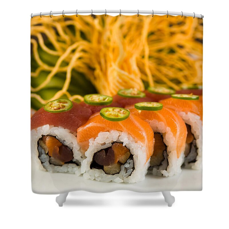Asian Shower Curtain featuring the photograph Spicy Tuna and Salmon Roll by Raul Rodriguez