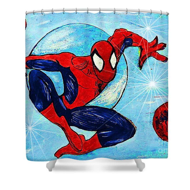 Spiderman Shower Curtain featuring the painting Spiderman Out of the Blue 2 by Saundra Myles