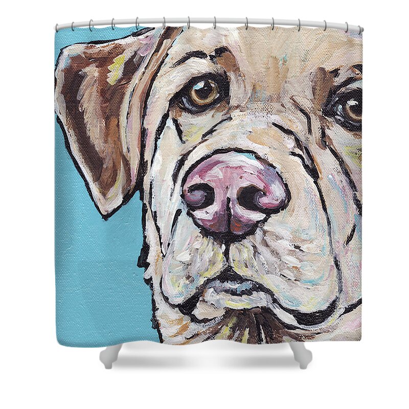 Yellow Lab Shower Curtain featuring the painting Spike by Greg and Linda Halom