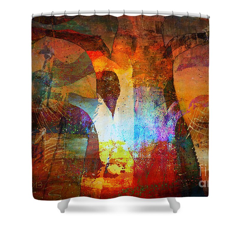 Oasis Gallery Shower Curtain featuring the mixed media Spirit of Baobab by Fania Simon
