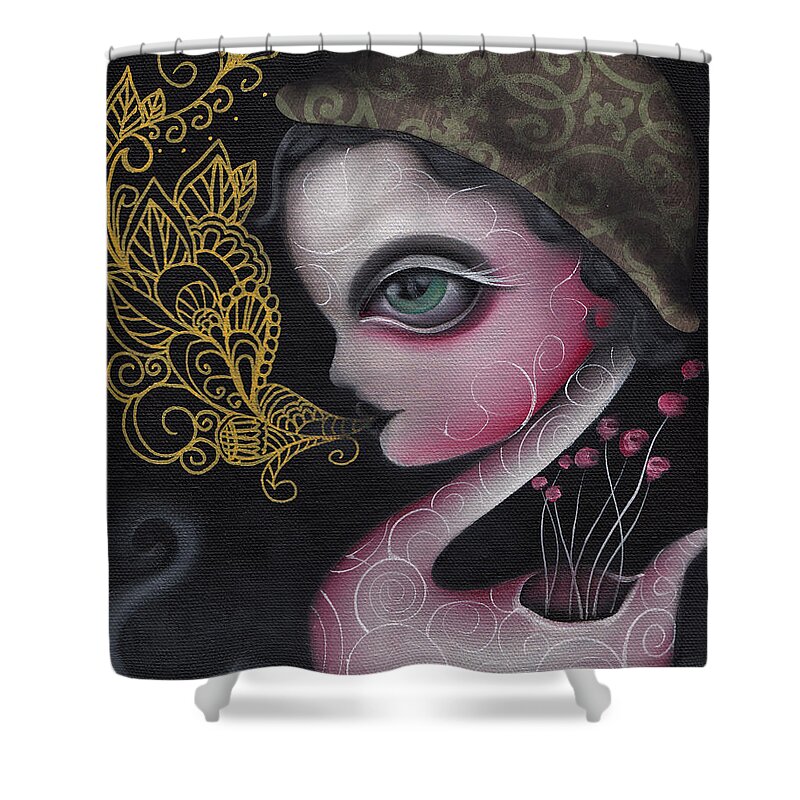 Swan Shower Curtain featuring the painting Spit it Out by Abril Andrade