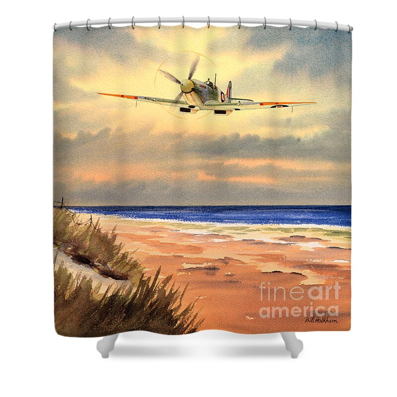 Aircraft Shower Curtain featuring the painting Spitfire MK9 - Over South Coast England by Bill Holkham