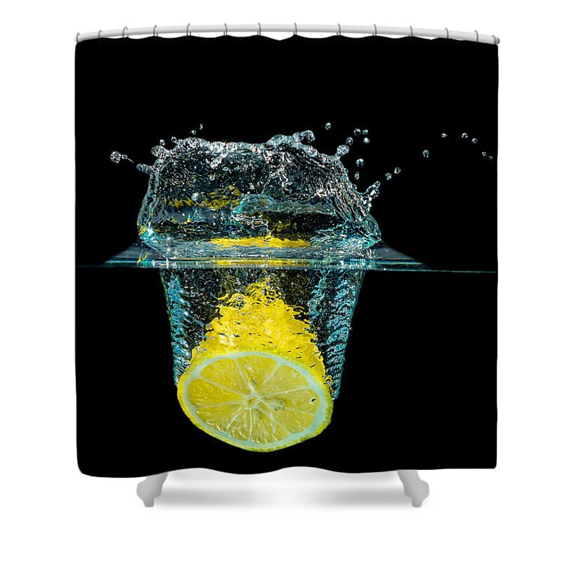 Beverage Shower Curtain featuring the photograph Splashing Lemon by Peter Lakomy