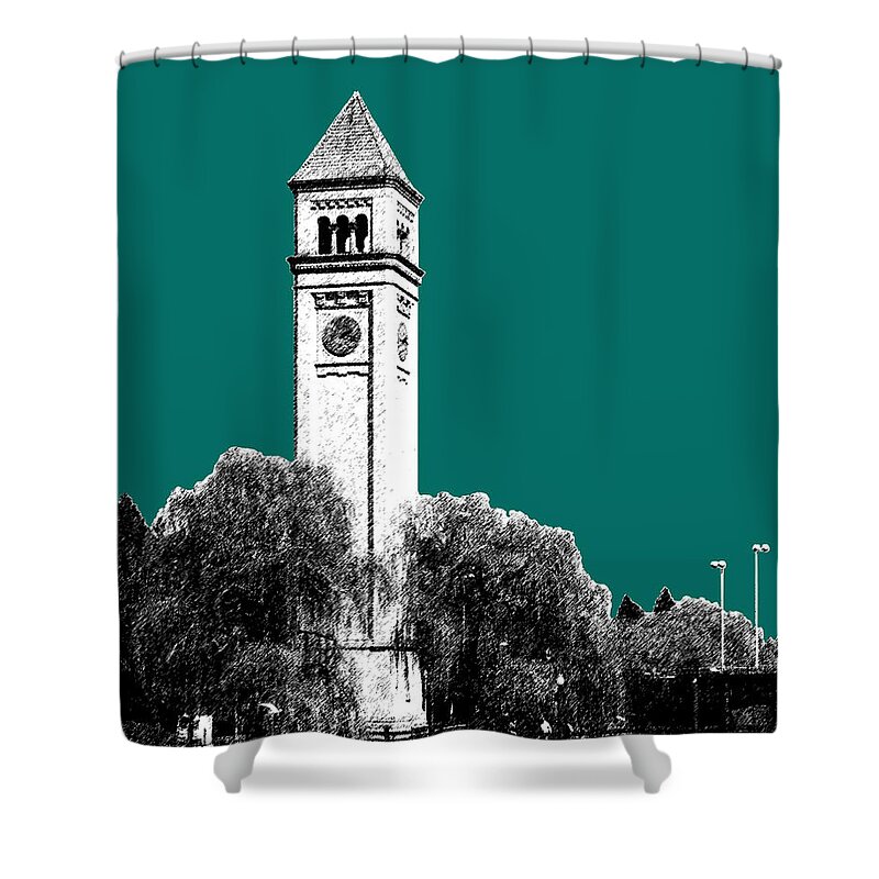 Architecture Shower Curtain featuring the digital art Spokane Skyline Clock Tower - Sea Green by DB Artist