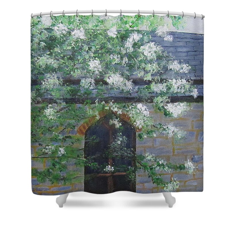 Landscape Shower Curtain featuring the painting Spring at Grace Church by Linda Feinberg