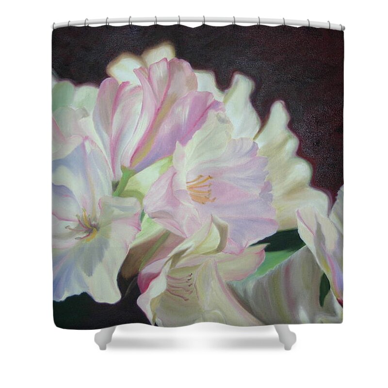 Flower Shower Curtain featuring the painting Spring Rhodys by Nancy Jolley