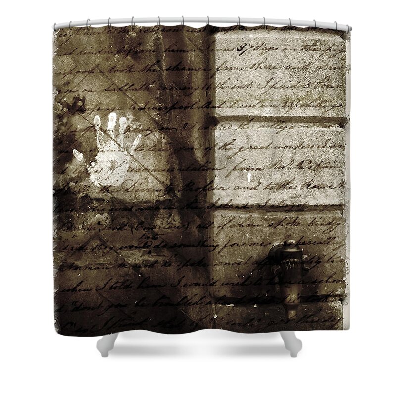 Nobody Shower Curtain featuring the photograph spring water memories - A letter and hand print composition beside a vintage griffin by Pedro Cardona Llambias