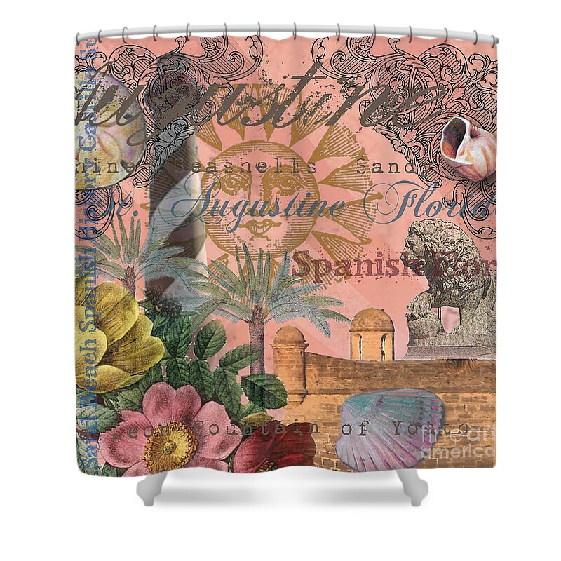 Doodlefly Shower Curtain featuring the digital art St. Augustine Florida Vintage Collage by Mary Hubley