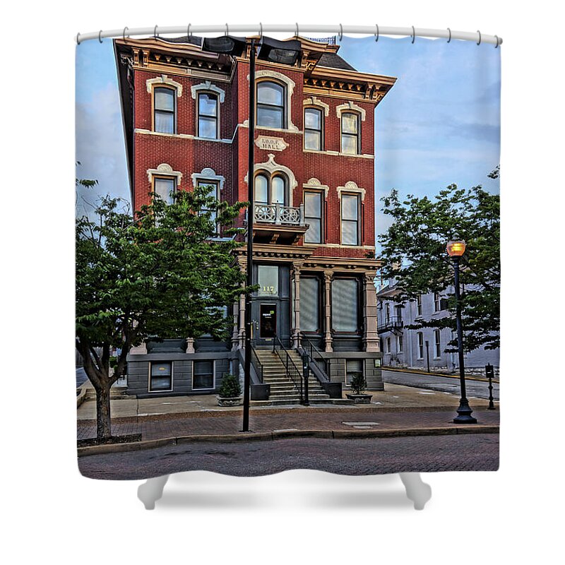Elks Hall Shower Curtain featuring the photograph St. Charles Odd Fellows Hall built in 1878 DSC00810 by Greg Kluempers