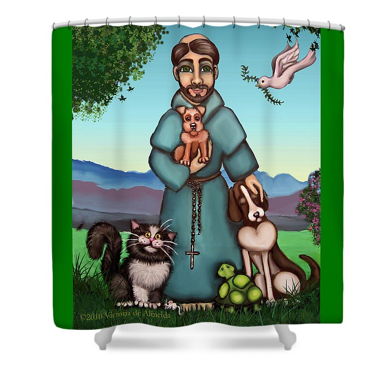 St. Francis Shower Curtain featuring the painting St. Francis Libertys Blessing by Victoria De Almeida