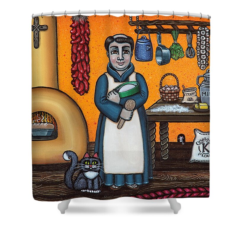 San Pascual Shower Curtain featuring the painting St. Pascual Making Bread by Victoria De Almeida