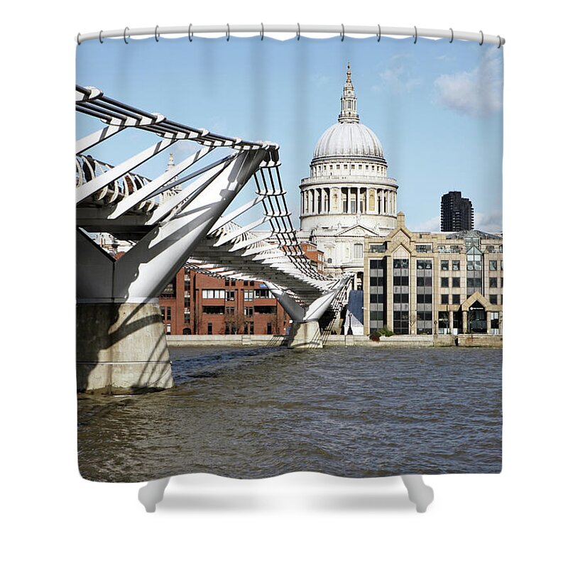 London Millennium Footbridge Shower Curtain featuring the photograph St Pauls Cathedral And Millennium Bridge by Richard Newstead