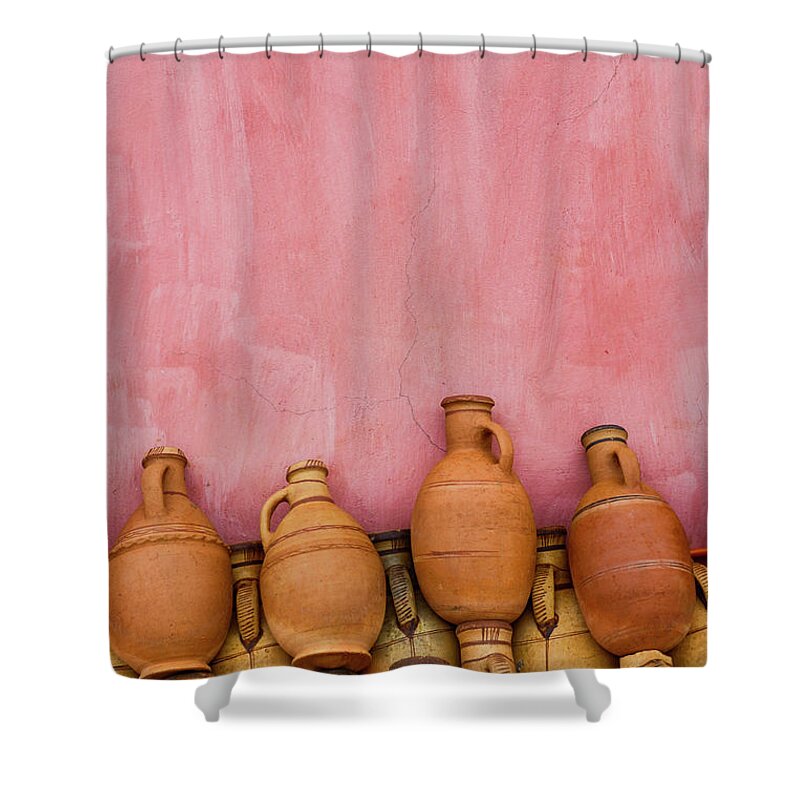 Large Group Of Objects Shower Curtain featuring the photograph Stacked Pottery by Paolo Negri