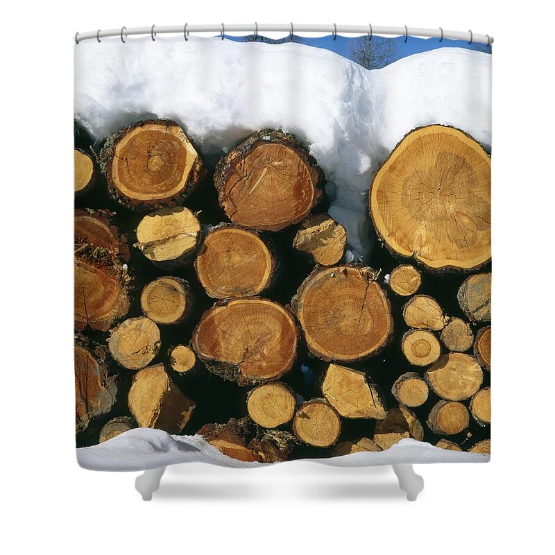 Atmosphere Shower Curtain featuring the photograph Stacked timber by Ulrich Kunst And Bettina Scheidulin