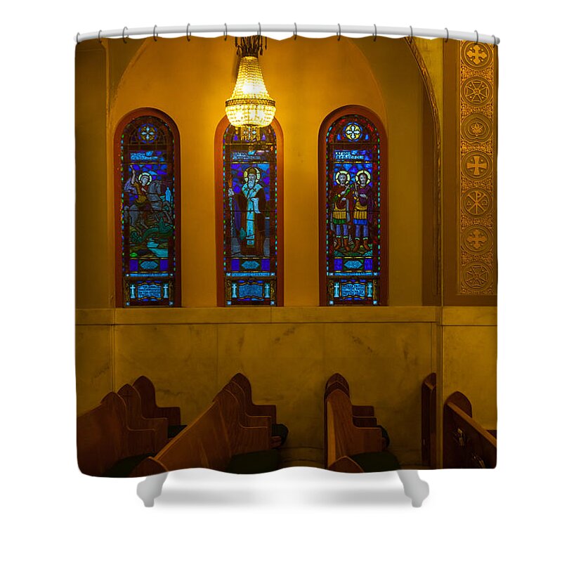 1948 Shower Curtain featuring the photograph Stained Glass Windows at St Sophia by Ed Gleichman