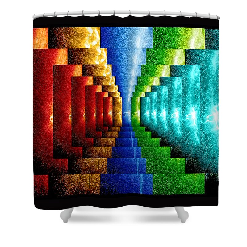 Stairs Steps Red Blue Green Yellow Staircase Multicolor Multicolour Colorful Illusion Illusions Hypnotic Texture Rectangle Pattern Frame Shower Curtain featuring the digital art Stairsteps by Paula Ayers