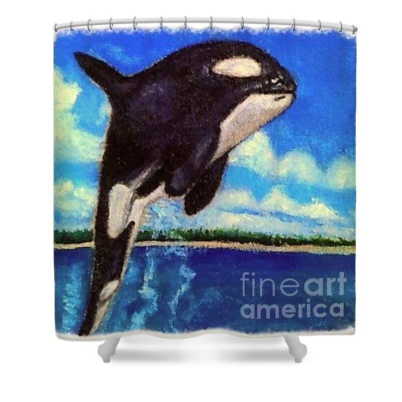 Featured In The fabric And Clothing Group Nature Aquatic Water Scene Inspirational Message Black And White Killer Whale Blue Sky With Light Clouds Aquamarine Water Shower Curtain featuring the painting Standing Above the Rest by Kimberlee Baxter